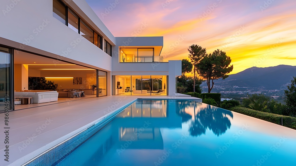 Fototapeta premium A modern villa with a pool, showcasing a sunset view and sleek architecture.