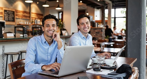 Wallpaper Mural businessmen smiling working on laptop in cafe Torontodigital.ca