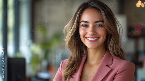 business woman in a pink blazer with a sleek office background, representing female empowerment and success in the corporate world