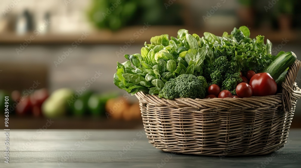 Close-up of a wicker basket filled with organic greens and fruits, ready for farm-to-table cooking Close-up of a wicker basket filled with organic greens and fruits, ready for farm-to-table cooking