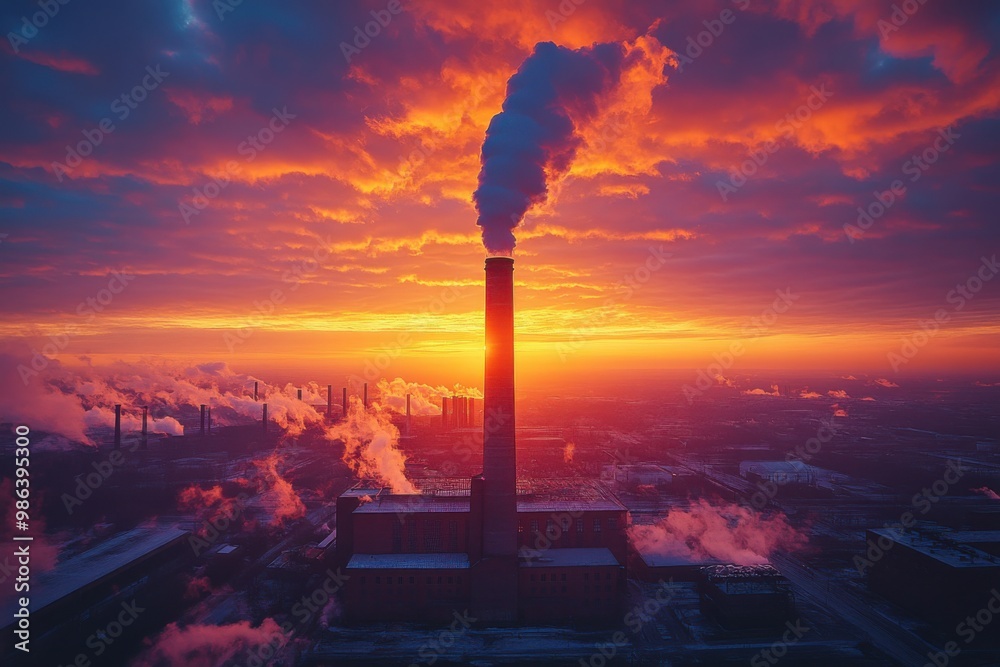 Obraz premium Industrial Sunset: A Factory's Silhouette Against a Fiery Sky