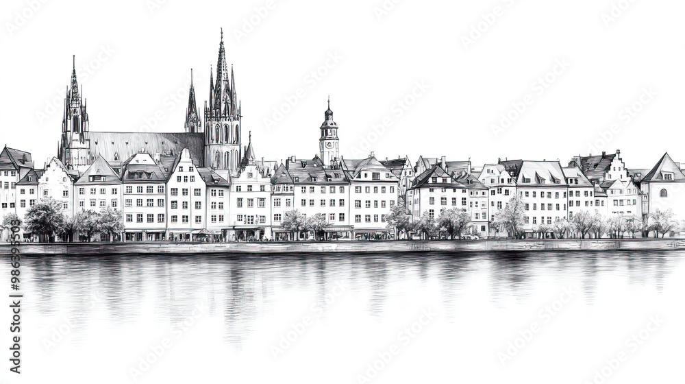Obraz premium Regensburg, Germany, black and white pen pencil hand-drawn effect drawing illustration for travel poster, card, wallpaper, backdrop or banner. Modern, clear, artistic and simple