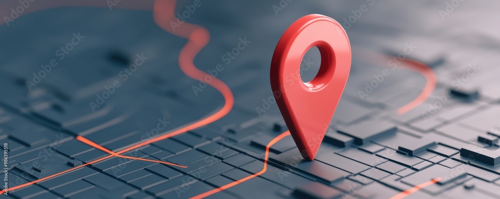 Red location pin on a digital map with abstract patterns. Red location pin on a digital map with abstract patterns.