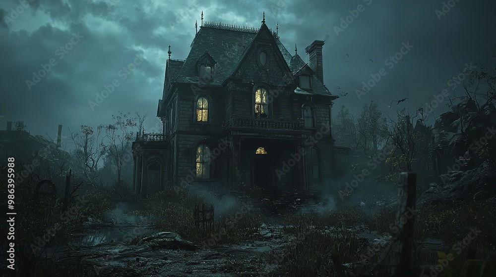 Scary haunted house with glowing windows in a foggy forest at night Scary haunted house with glowing windows in a foggy forest at night