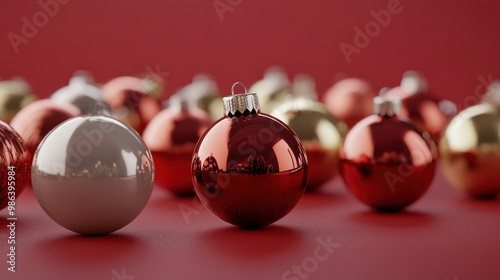 Des boules de dÃ©coration de noÃ«l sur fond rouge. photo