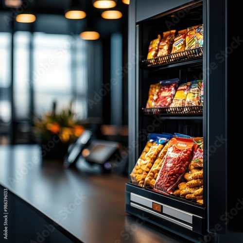 Vending machine filled with snacks in a modern office setting, bright atmosphere.