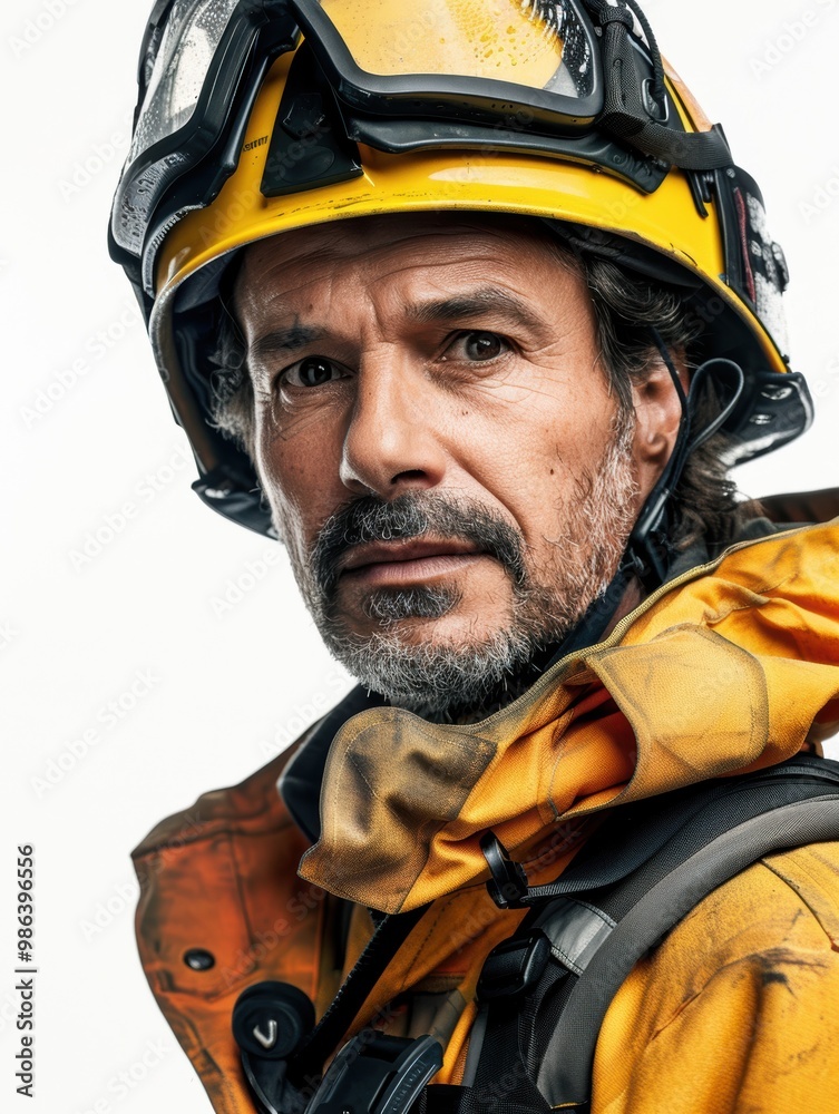A man in a yellow fireman's hat and jacket A man in a yellow fireman's hat and jacket
