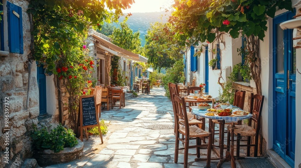 Obraz premium A street in a typical Greek traditional town in Greece has an outside cafe. Coffee and lunch food on the table