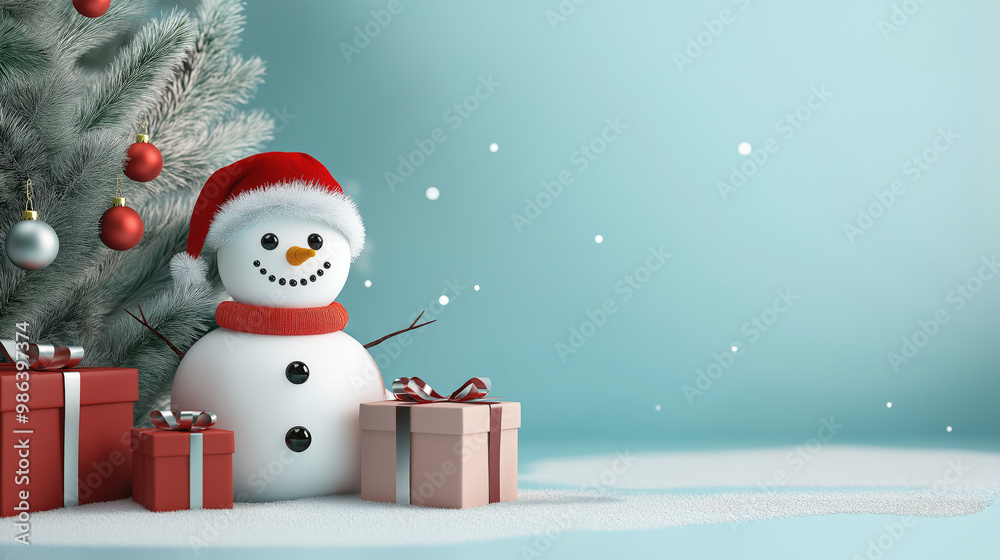 snowman with christmas tree and festive presents with a light blue background, space snowman with christmas tree and festive presents with a light blue background, space