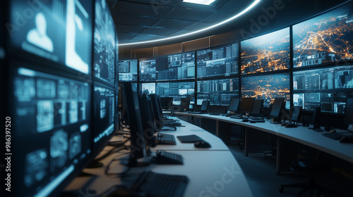 A futuristic security room equipped with multiple CCTV screens, highlighting sophisticated security measures and a mock-up for enhanced data protection. photo