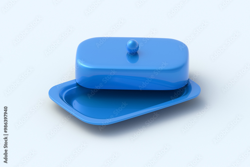 Open butter dish with lid on light grey background. Saucer with cover for cheese. Kitchen accessories. 3d render Open butter dish with lid on light grey background. Saucer with cover for cheese. Kitchen accessories. 3d render