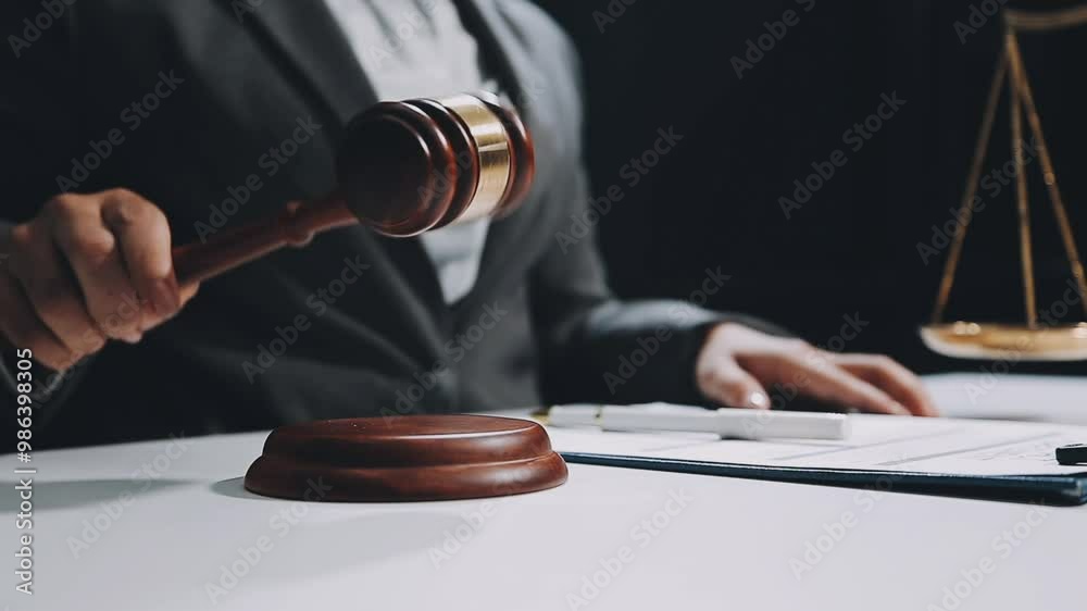 Business and lawyers discussing contract papers with brass scale on desk in office. Law, legal services, advice, justice and law concept picture with film grain effect Business and lawyers discussing contract papers with brass scale on desk in office. Law, legal services, advice, justice and law concept picture with film grain effect