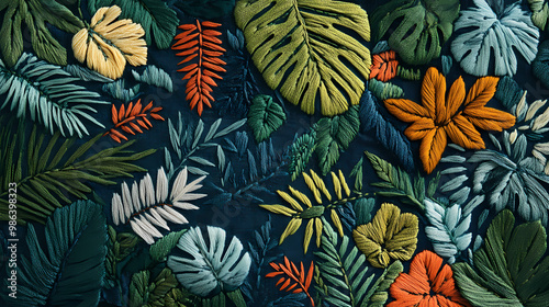 Beautiful jungle motif embroidery on a retro-inspired textile design. Embroidery. Illustration photo