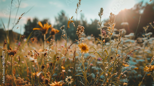 Beautiful landscape of dry wildflower and grass in meadow Tranquil autumn fall nature field background