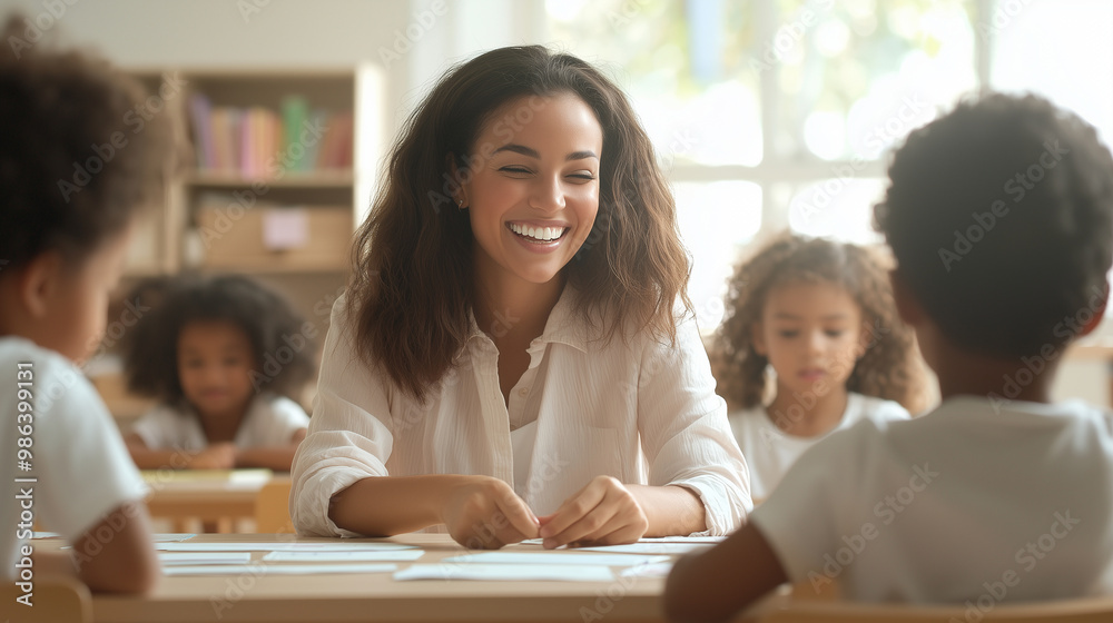 Obraz premium A lively classroom where a cheerful teacher employs gaming and acting strategies to teach the alphabet to multiethnic kids, fostering an engaging and inclusive learning atmosphere.