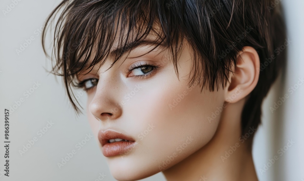 Closeup portrait of a woman with short hair. Closeup portrait of a woman with short hair.