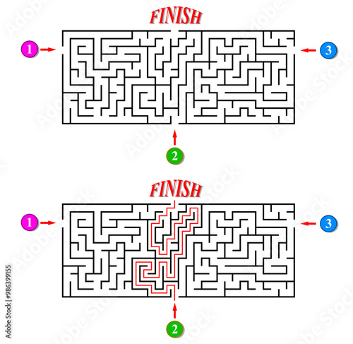 Labyrinth with three entrances. Find the right way and reach the exit of the maze. Mental educational game template with clue. Vector illustration