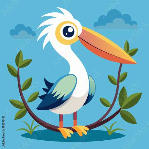 Download Cute Bird Pelican On The Branch Vector Art Illustration Eps File For Design.