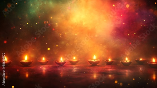 A serene display of lit oil lamps against a colorful, dreamy background, symbolizing celebration and spirituality.