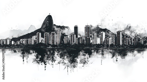 Rio de Janeiro, Brazil, black and white pen pencil hand-drawn effect drawing illustration for travel poster, card, wallpaper, backdrop or banner. Modern, clear, artistic and simple