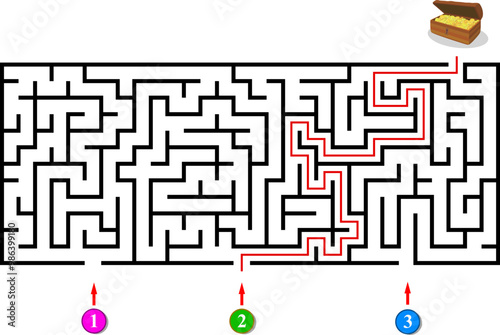 Labyrinth with three entrances. Find the right way and reach the chest with golden coins. Mental educational game template with clue. Vector illustration
