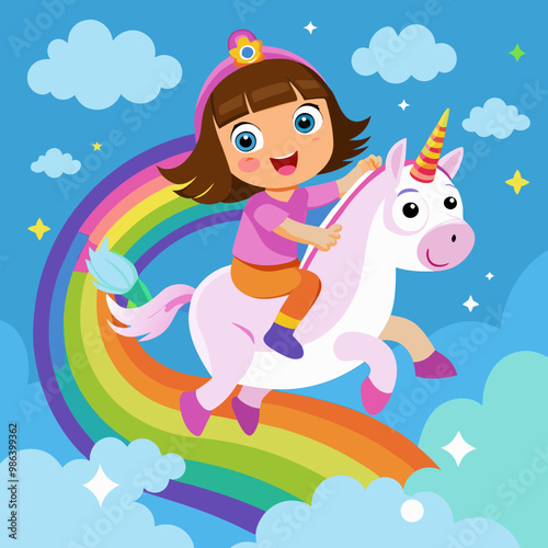 Download Dora The Explorer Riding Unicorn On The Sky With Rainbow On The Top Vector Illustration Eps File For Design.