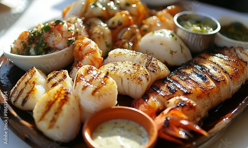 Grilled scallops, shrimp, and sauce on a plate. photo