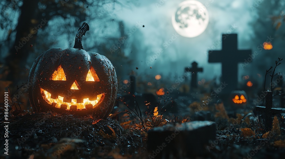 Naklejka premium Halloween pumpkin head jack lantern with burning candles