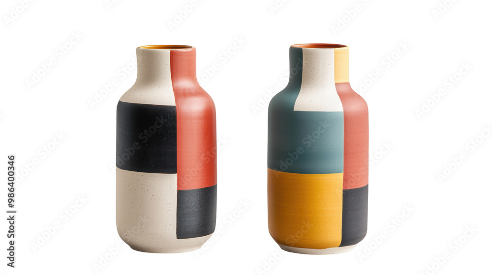 Minimalist ceramic vases with bold geometric block patterns in multiple colors. A stylish, modern set perfect for home decor and floral arrangements. Isolated on transparent background, png. Minimalist ceramic vases with bold geometric block patterns in multiple colors. A stylish, modern set perfect for home decor and floral arrangements. Isolated on transparent background, png.