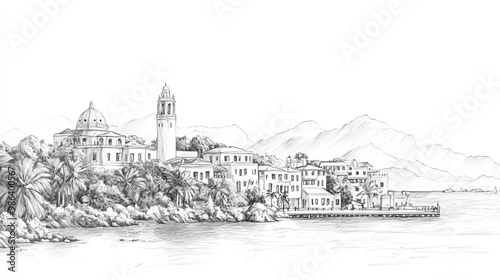 Road Town, British, black and white pen pencil hand-drawn effect drawing illustration for travel poster, card, wallpaper, backdrop or banner. Modern, clear, artistic and simple