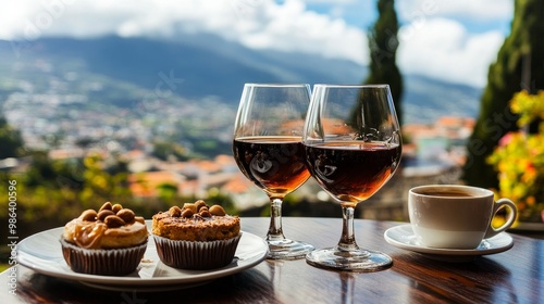 With a view of Funchal town, Madeira, Portugal, the cafe serves two glasses of Madeira wine, two cups of freshly made espresso coffee, and the traditional Portuguese honey and nut dessert