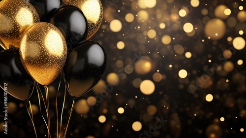 Luxury background with a golden and black balloons on a bokeh background with a plce for text. AI generative transparent background photo