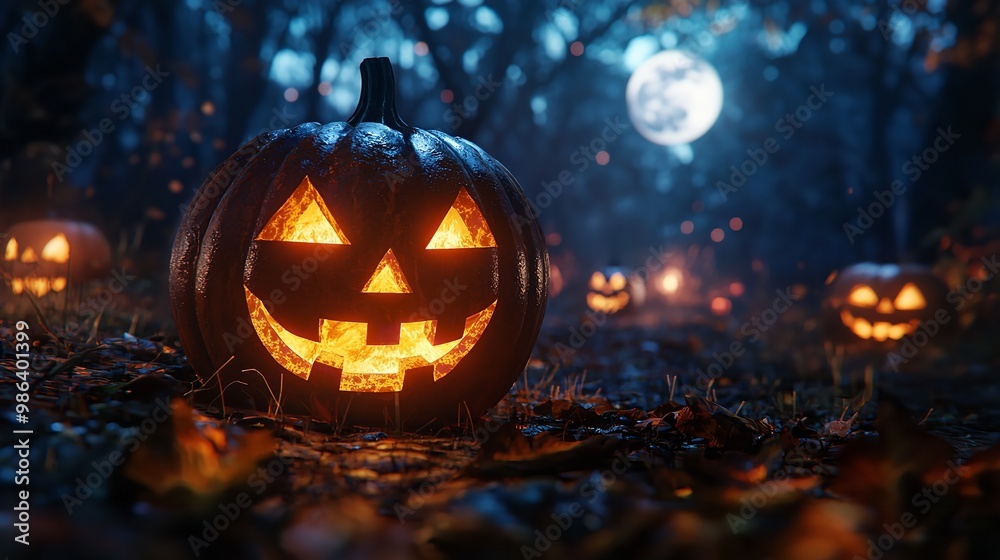 Halloween pumpkins in a dark forest with glowing faces Halloween pumpkins in a dark forest with glowing faces