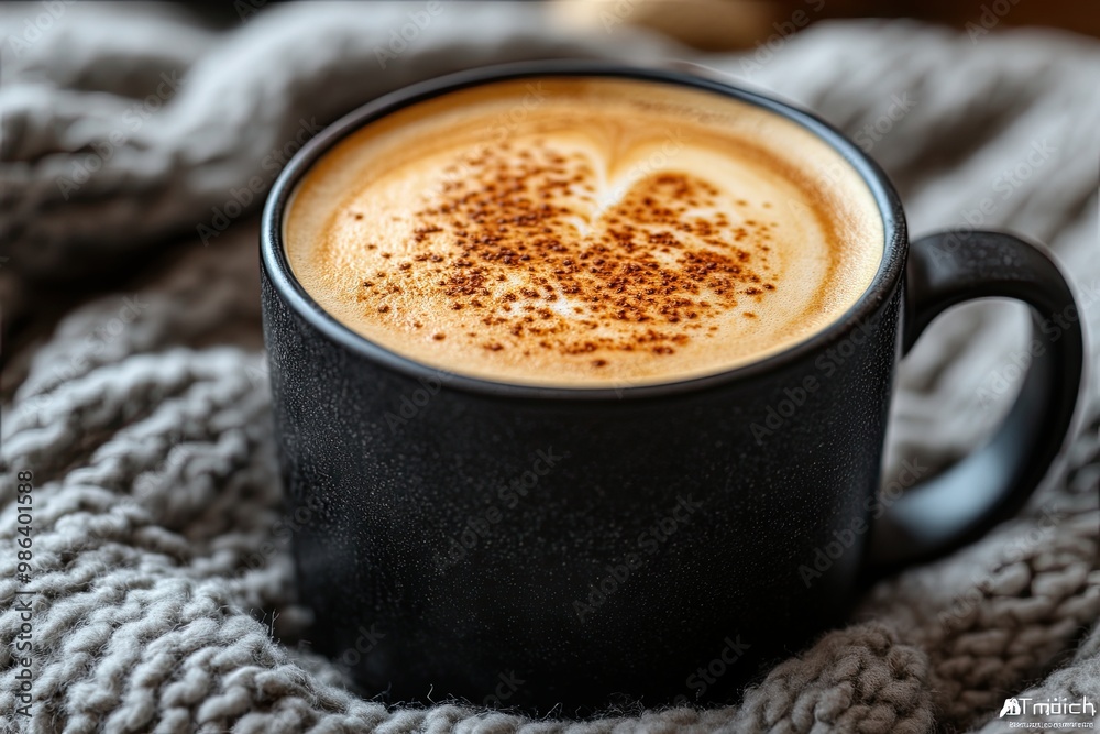 A close-up of coffee in a black mug on a grey knitted blanket, with delicate foam A close-up of coffee in a black mug on a grey knitted blanket, with delicate foam