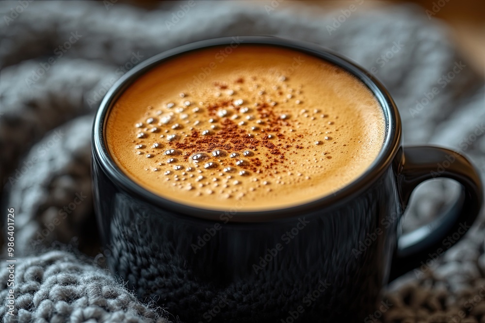 A close-up of coffee in a black mug on a grey knitted blanket, with delicate foam