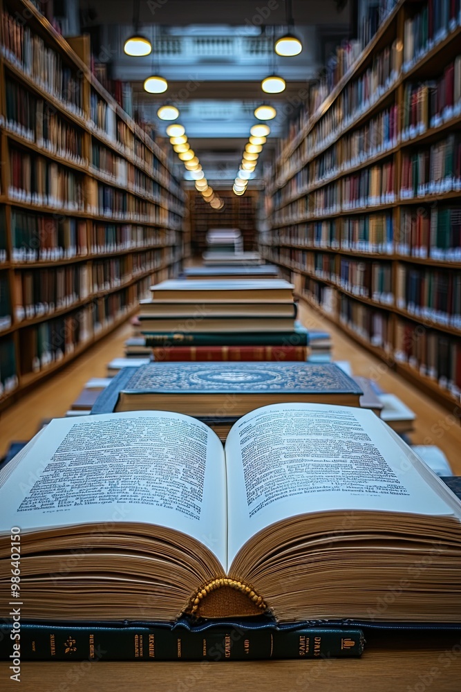 A stack of open books on the table, with blurred shelves in the background