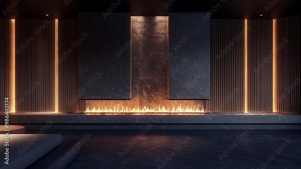 A modern interior featuring a sleek fireplace and ambient lighting. A modern interior featuring a sleek fireplace and ambient lighting.