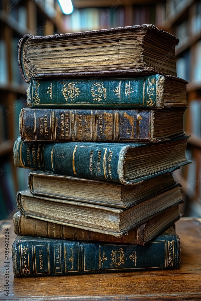A stack of open books on the table, with blurred shelves in the background A stack of open books on the table, with blurred shelves in the background