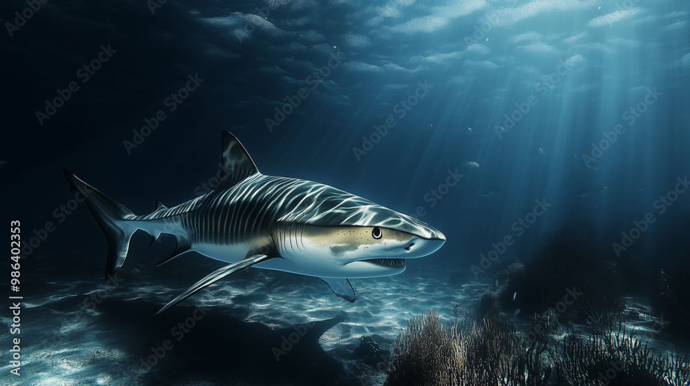 Obraz premium Tiger Shark Swimming in the Depths of the Ocean