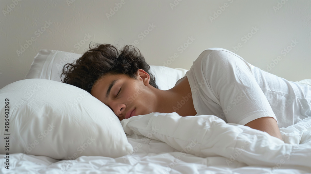 the concept of healthy sleep, A young caucasian man sleep lies on a bed with a pillow, enjoying a good night's rest for overall wellness, white background, white bed, white pillow the concept of healthy sleep, A young caucasian man sleep lies on a bed with a pillow, enjoying a good night's rest for overall wellness, white background, white bed, white pillow