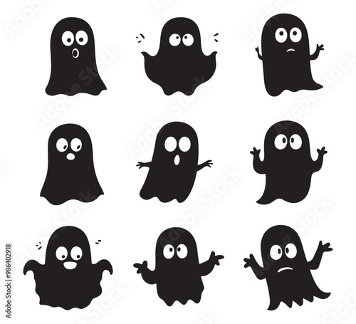 Cute ghost boo silhouette, Spooky Halloween decoration element. Vector set of Halloweens ghosts