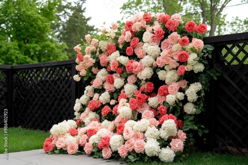 A cascading flower arrangement in a garden, with blooms flowing gracefully down a trellis photo