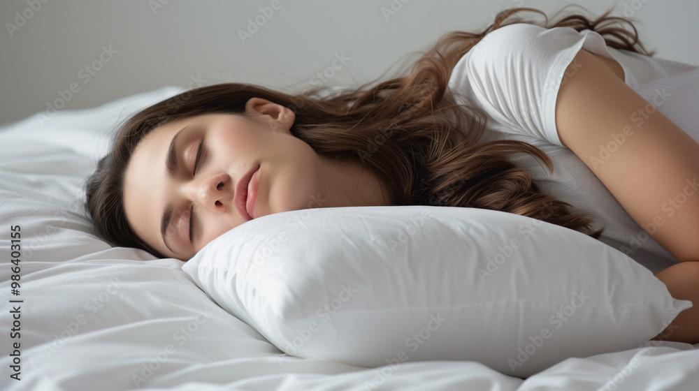 A young caucasian woman sleep lies on a bed with a pillow, enjoying a good night's rest for overall wellness, white background, white bed, white pillow A young caucasian woman sleep lies on a bed with a pillow, enjoying a good night's rest for overall wellness, white background, white bed, white pillow