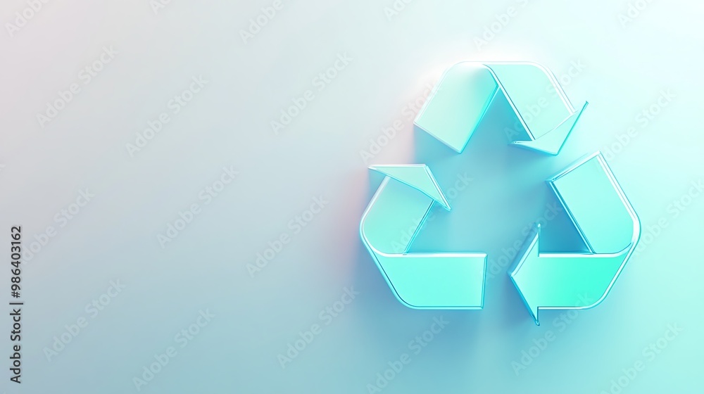 A 3D glass blue recycle symbol on a light blue background A 3D glass blue recycle symbol on a light blue background