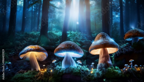 Representation of glowing mushrooms in a dark enchanted forest, bioluminescence , otherworldly and mystical nature