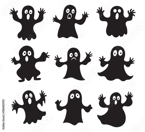 Cute ghost boo silhouette, Spooky Halloween decoration element. Vector set of Halloweens ghosts