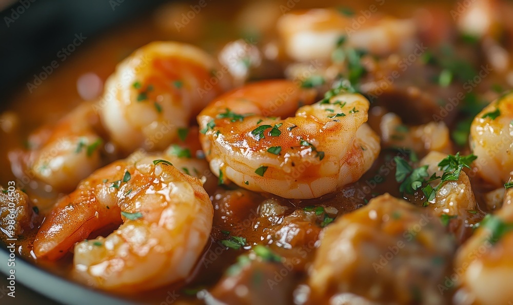 Close up of shrimp in sauce with herbs. Close up of shrimp in sauce with herbs.