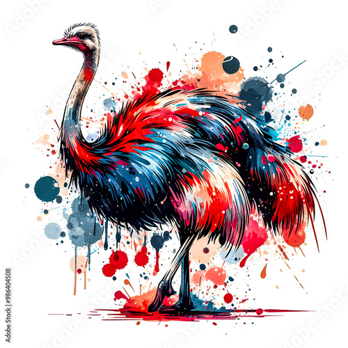 Drawing of a Colorful Ostrich watercolor vector painting art illustration
 photo