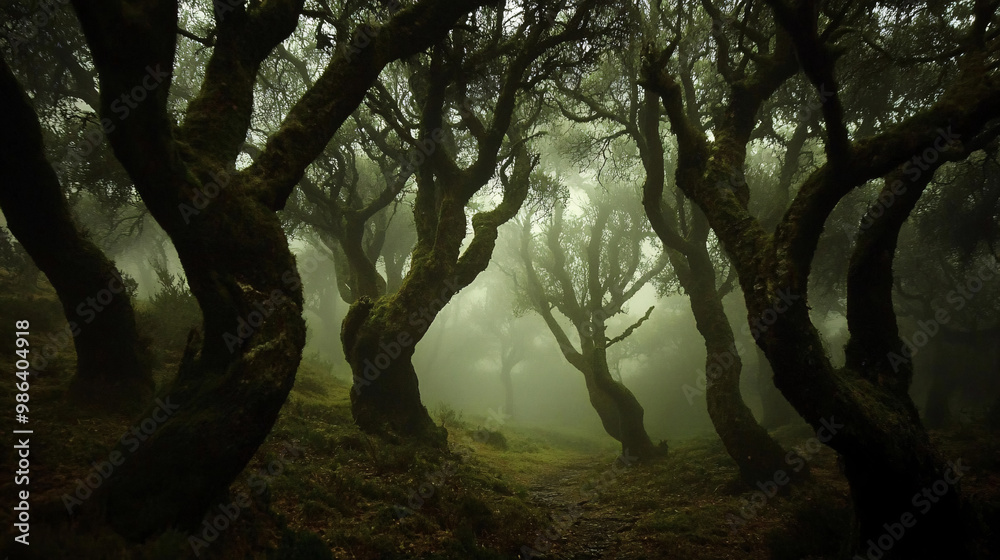 Obraz premium Spooky forest with mist rolling in and twisted trees