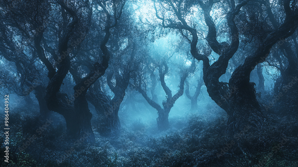 Fototapeta premium Spooky forest with mist rolling in and twisted trees